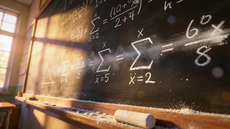 Carrellata che mostra equazioni alla lavagna in un'aula, luce solare che solleva la polvere vicino al portagessetti e al bastone.