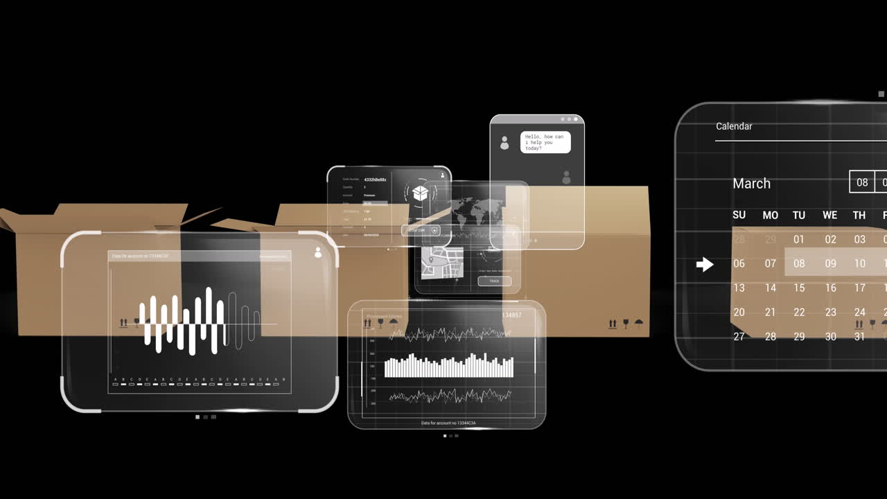 animación del procesamiento de datos en pantallas sobre cajas de cartón