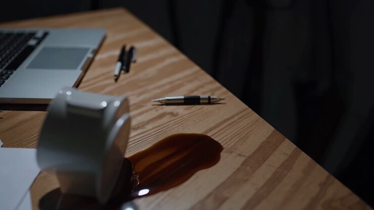 Coffee Spill on a Wooden Desk at Night