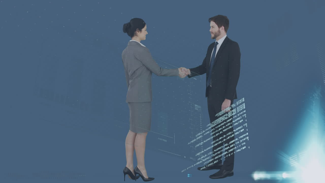 Animazione di elaborazione di dati finanziari su persone d'affari caucasiche che si stringono la mano
