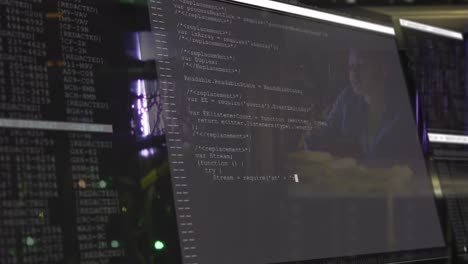 Animation of data processing over african american female it engineer by computer servers