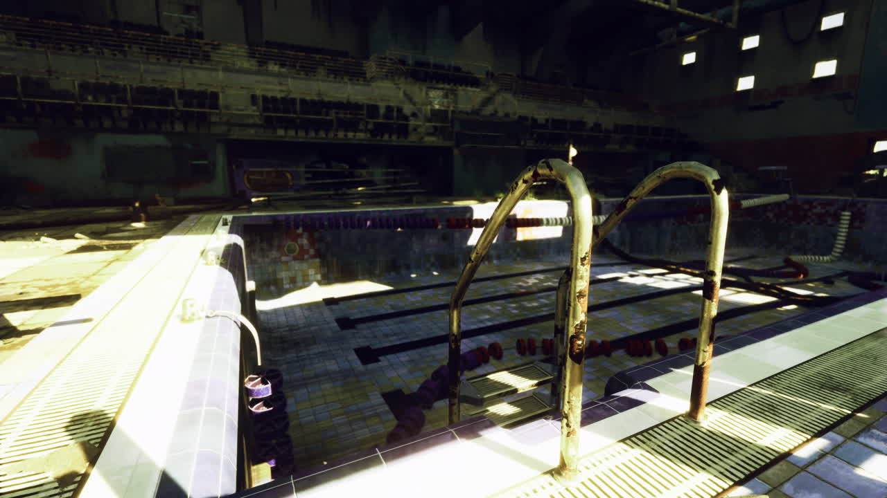 Old indoor pool with rusty ladder and worn tiles in abandoned facility