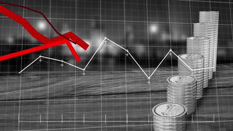 Animation-of-financial-data-processing-over-stacks-of-silver-coins