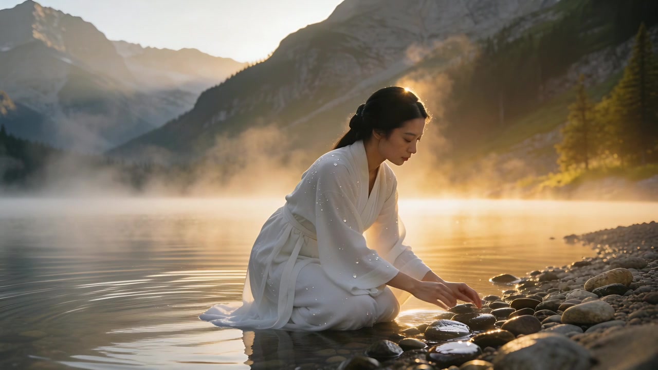 Una donna asiatica si protende, inginocchiata presso un lago di montagna, disponendo ciottoli per un rituale, in una lunga veste bianca.