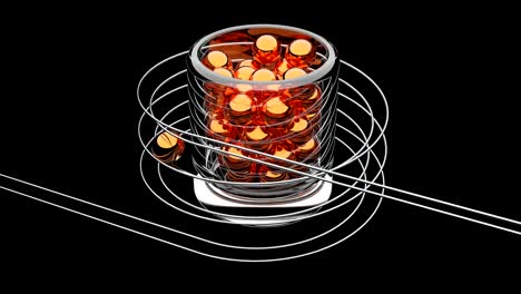 abstrakter glasbehälter mit orangefarbenen kugeln und metallischen spiralen