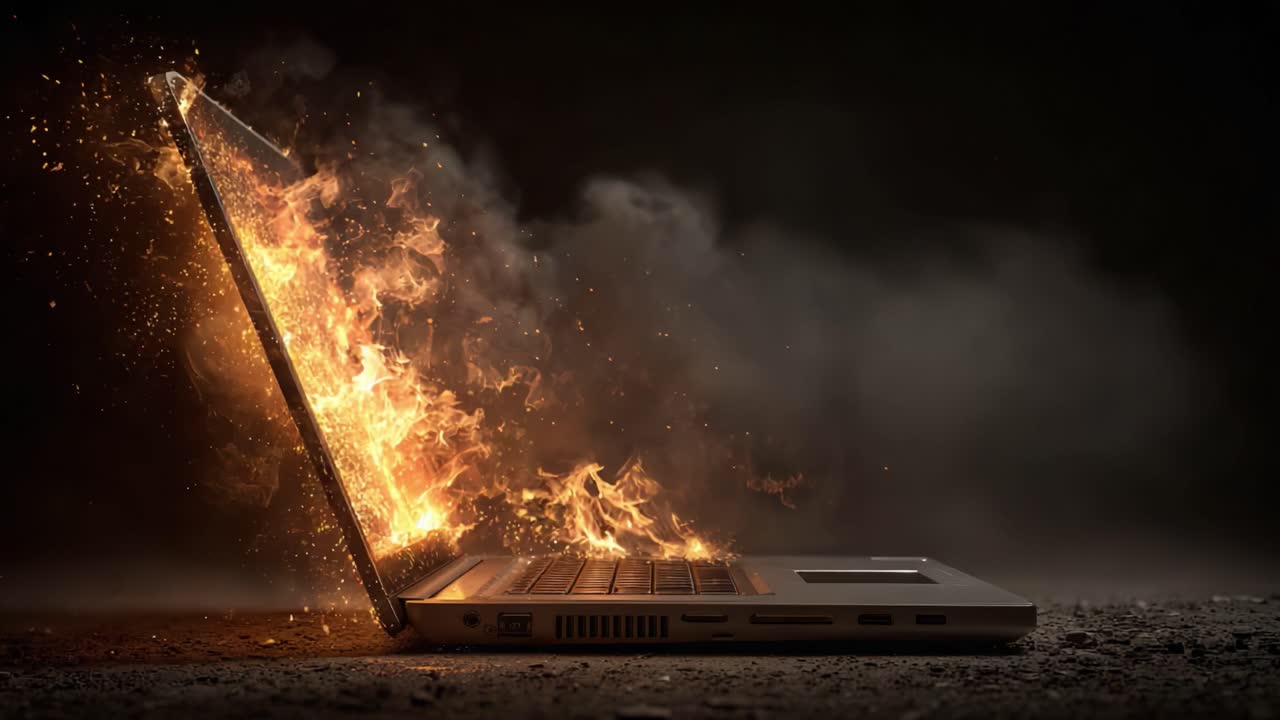 Dramatisk scene med en bærbar computer i flammer, omgivet af røg, der fremhæver farerne ved overophedning eller elektriske fejl i teknologi.