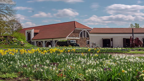 Stables-and-farm-buildings-of-Pakruojis-manor-complex,-time-lapse-view