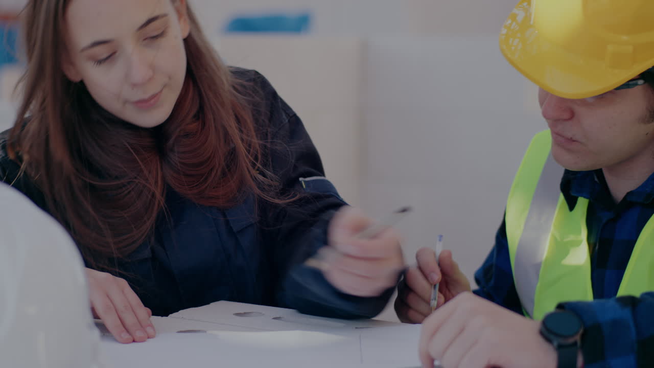 Lockdown shot of confident young female architect and male building contractor discussing while drawing blueprint at construction site