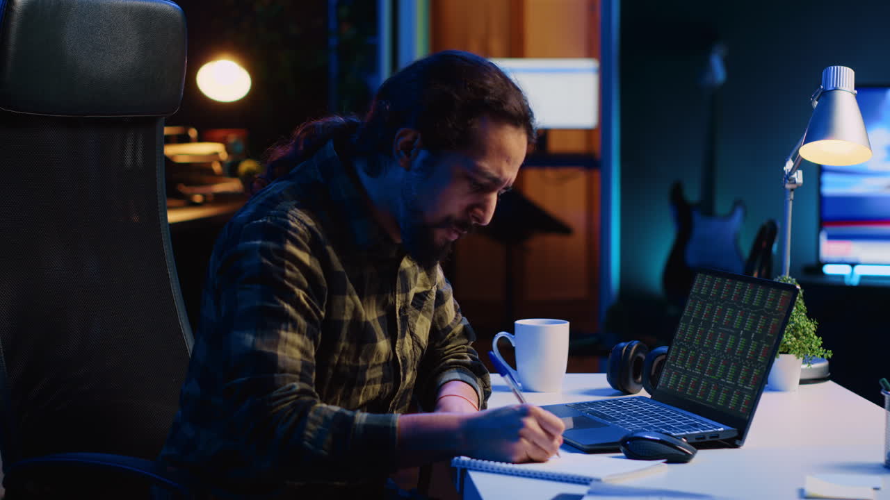 Annoyed broker investor in home office bothered by low stock exchange valuation