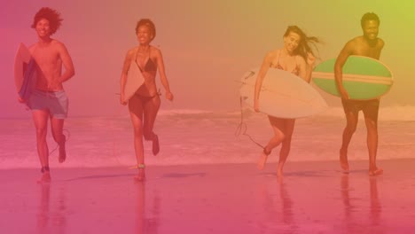 animation of diverse group of happy people at beach running with surfboards over colourful light