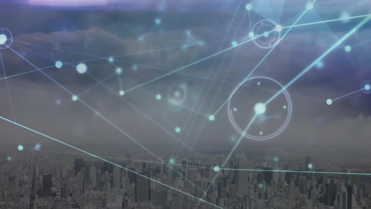 Animation of lines connecting dots with bright blue light against cityscape and clouds