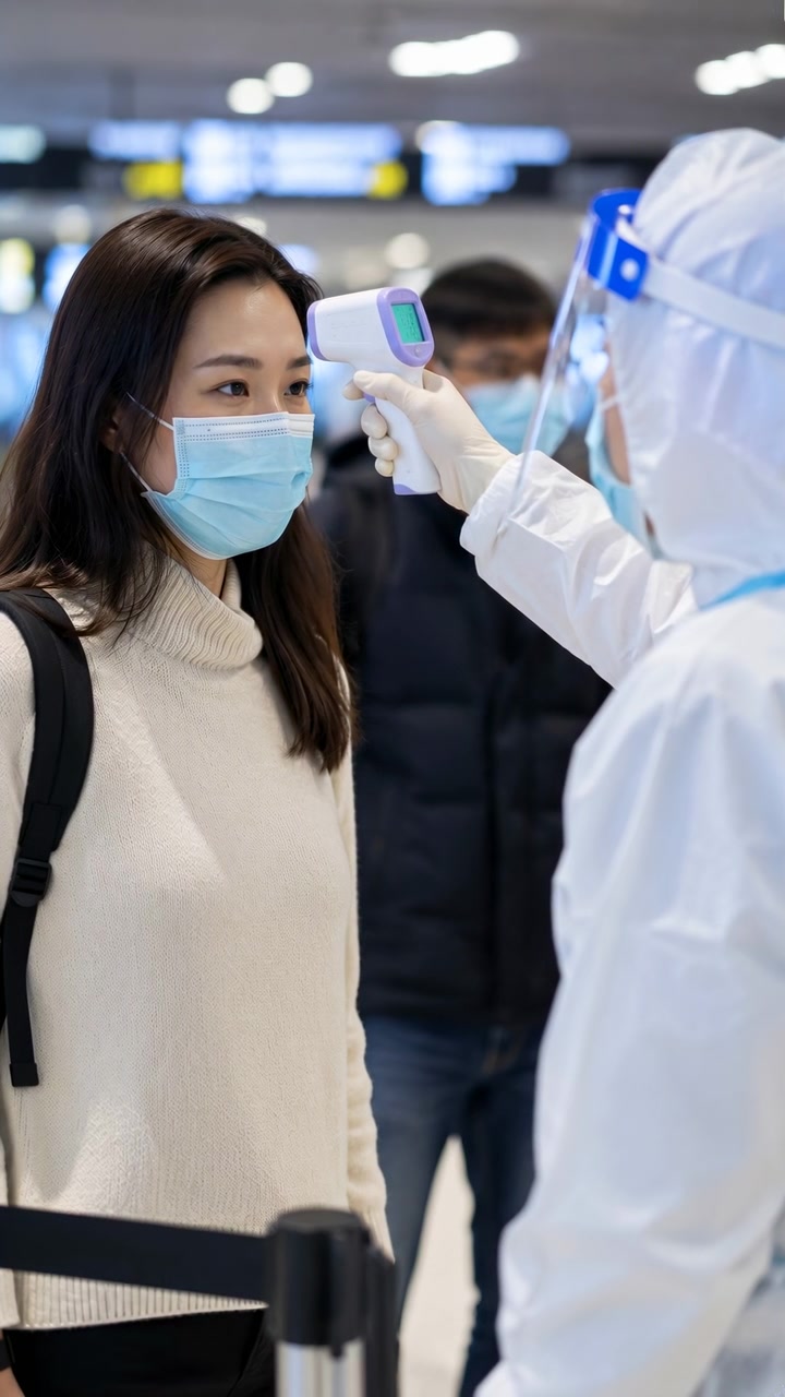 時系列の旅行シーケンス。最初のチェックから通過までの健康スクリーニングプロセスを示す。最初のフレームでは、マスクを着用した女性乗客が左中央に配置されている。