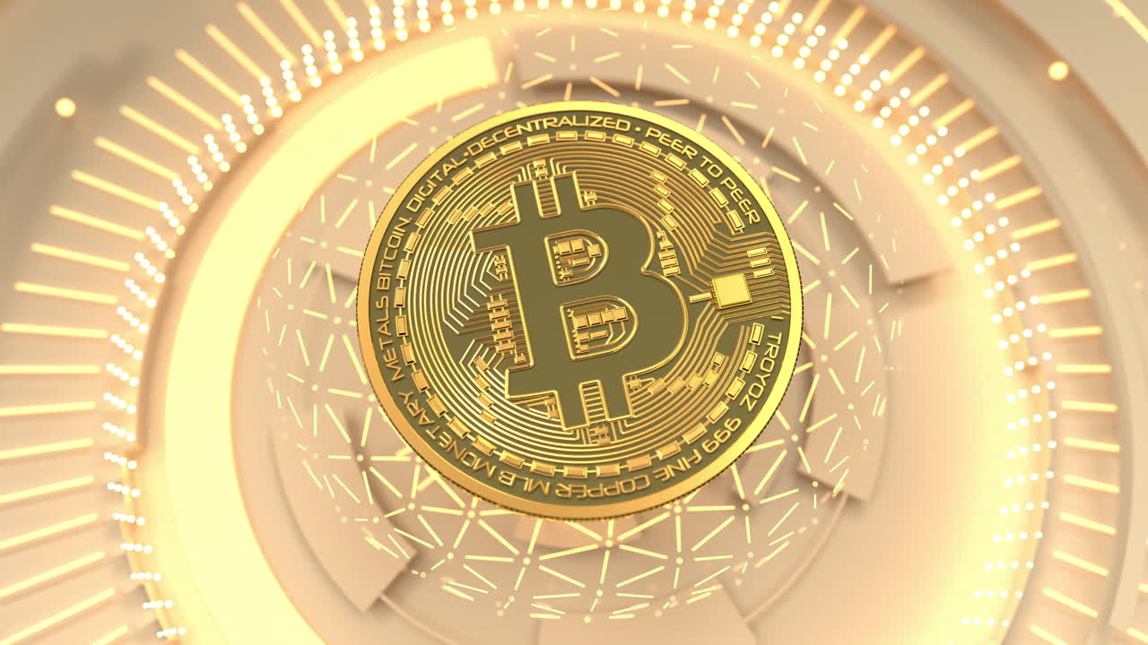 Moneta di criptovaluta Bitcoin dorata che ruota su una piattaforma digitale futuristica