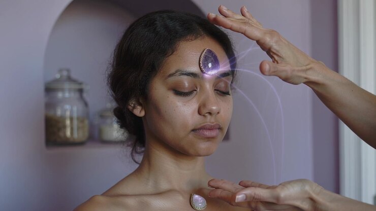 Entering healer hovering amethyst on brow aligning chest crystal on towel woman in spa for healing