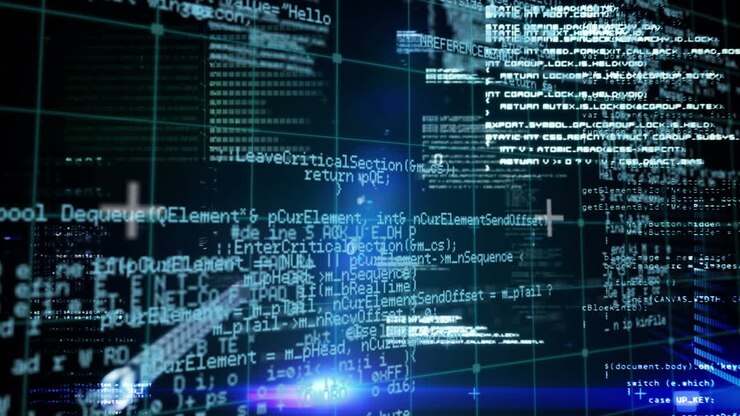 Animation of digital data processing over grid and glowing blue lights