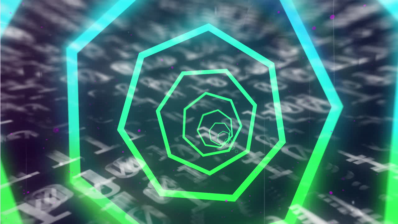 검은 바탕에 바이너리 코딩 위에 네온 모양의 터널의 애니메이션