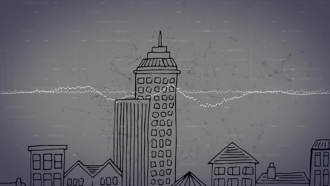 Animation of data processing over cityscape