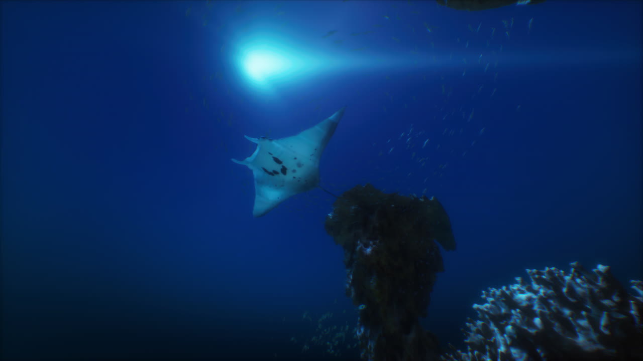 la raya manta nadando cerca del arrecife de coral