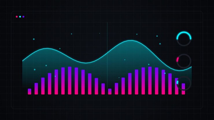 Animated Digital Data Visualization with Neon Bar Graph and Waveform