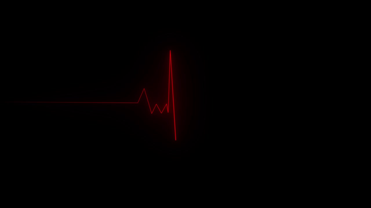 Impulsi di una linea rossa del battito cardiaco EKG o ECG che attraversano uno schermo nero. Per concetti medici, sanitari, di fitness o romantici. Loop senza interruzioni