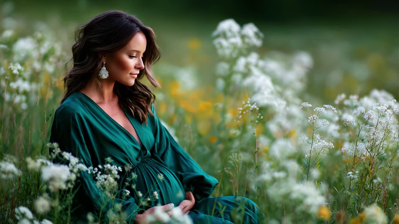 A serene and captivating portrait of a pregnant woman in a lush meadow, surrounded by blooming wildflowers, radiating beauty and grace in her vibrant green attire