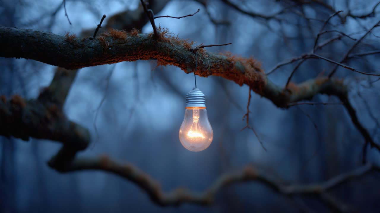 A Captivating Lightbulb Hanging from a Tree Branch Illuminates the Dark Forest, Casting a Soft Glow Against the Mystical, Twilight Atmosphere