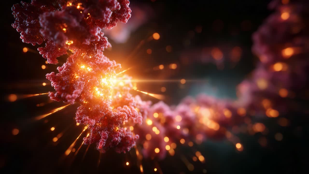 A close-up exploration of vibrant molecular structures and dynamic energy bursts, depicting the intricate beauty of bioluminescence and cellular activity in a stunning visual display