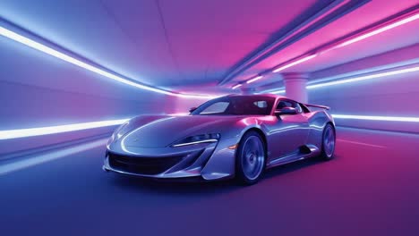 futuristic sports car in neon lit tunnel