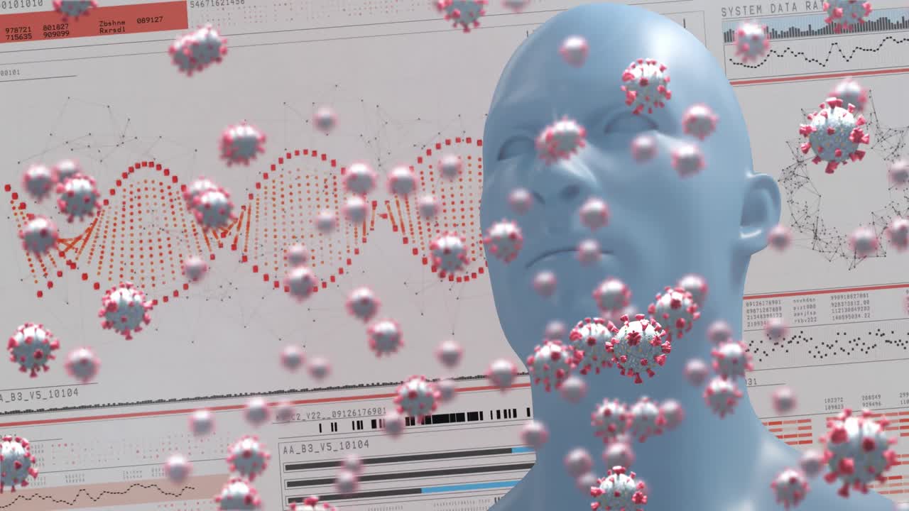 의료 데이터 처리에 대한 바이러스 세포와 인간 머리의 애니메이션
