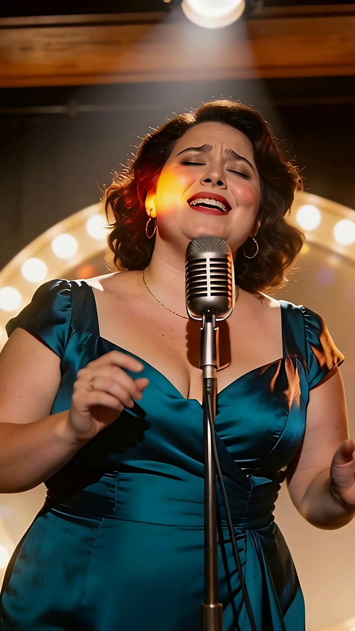 Video verticale: Riflettore che illumina una cantante con un microfono retrò, in abito color verde acqua, che pronuncia una frase sul palco.