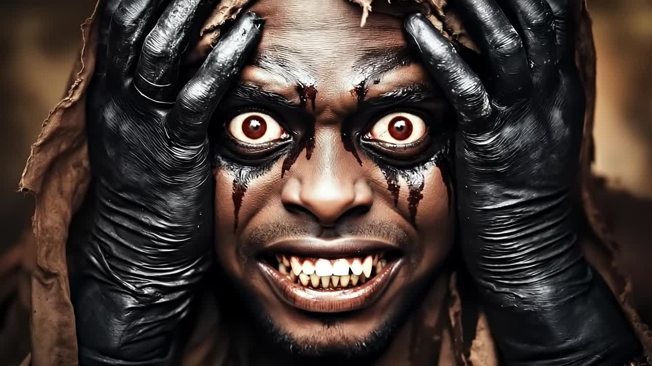 A man with black paint on his face and hands covering his face