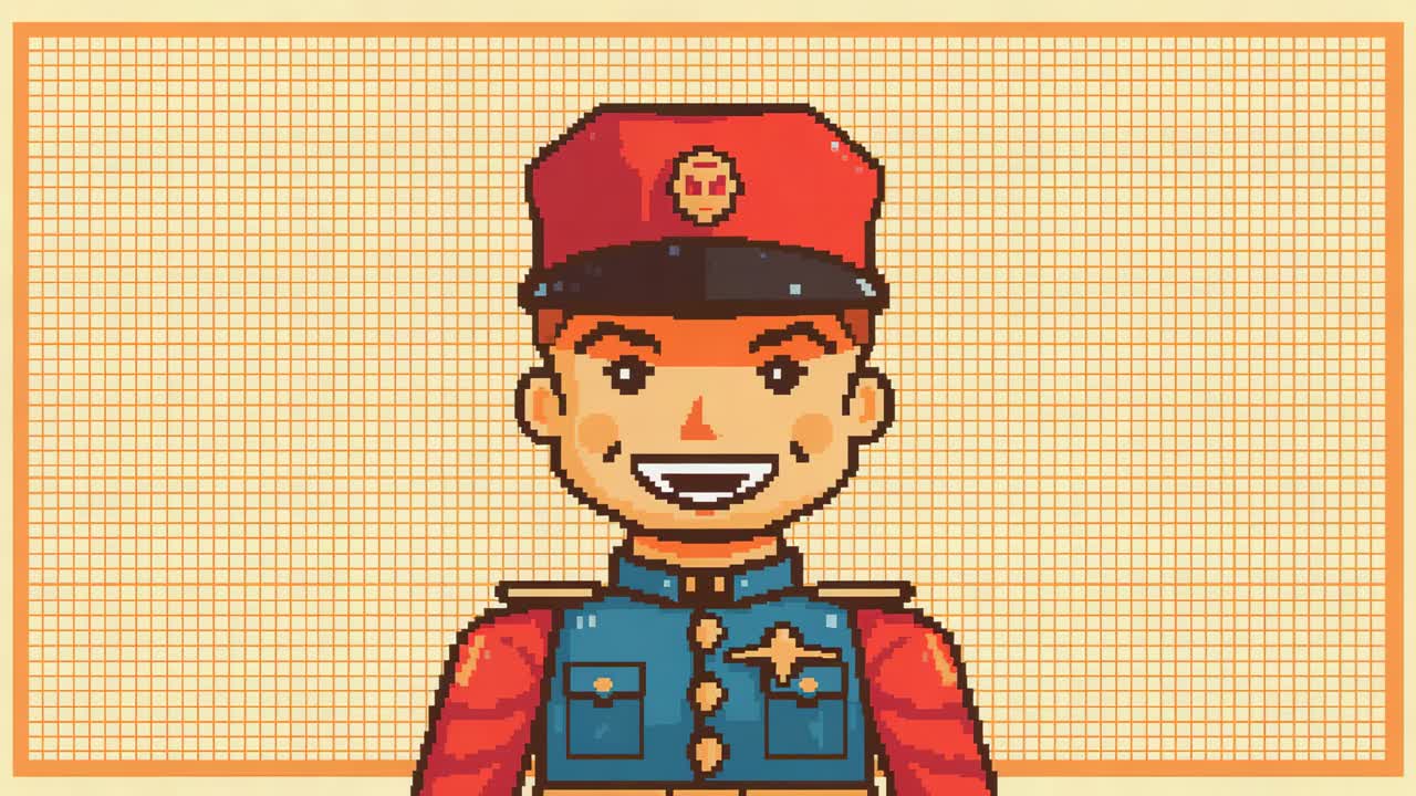 Animation starting, pixel officer lifting arms in greeting on beige orange-bordered grid, cap badge