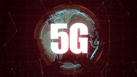 Hochwertige-VFX-Grafikanimation,-Die-Aufstrebende-Technologien-Im-Bereich-Der-5G-Mobilfunkkonnektivität-Darstellt,-Mit-Sich-Drehender-Partikel-Erdkugel-Und-Abstraktem-Plexus-Design,-In-Roten-Und-Blaugrünen-Farben