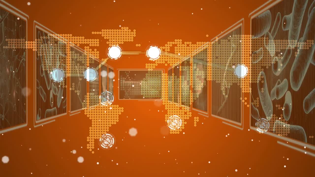 오렌지색 배경의 세계 지도 위의 원과 점의 애니메이션