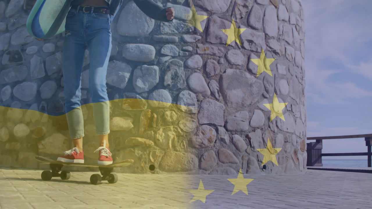 Skateboarding with animation of Ukraine and EU flag on stone wall background