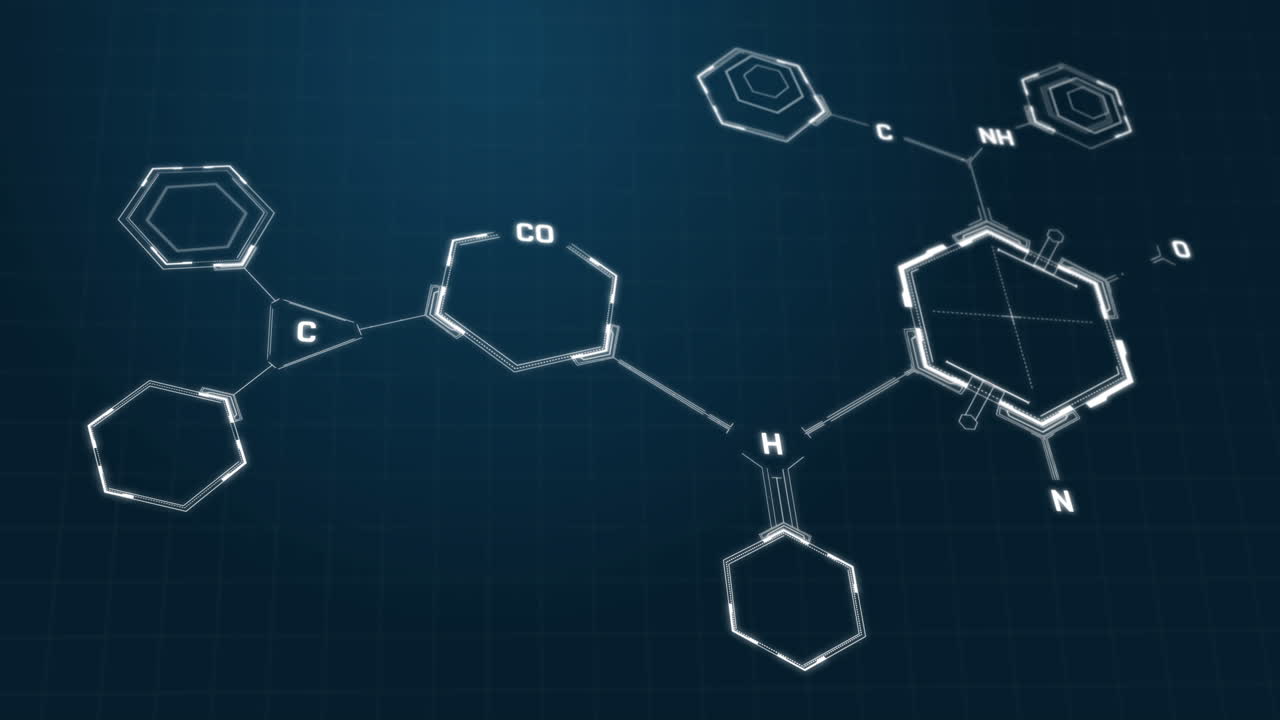 파란색 배경에서 움직이는 화학 공식 구조의 애니메이션