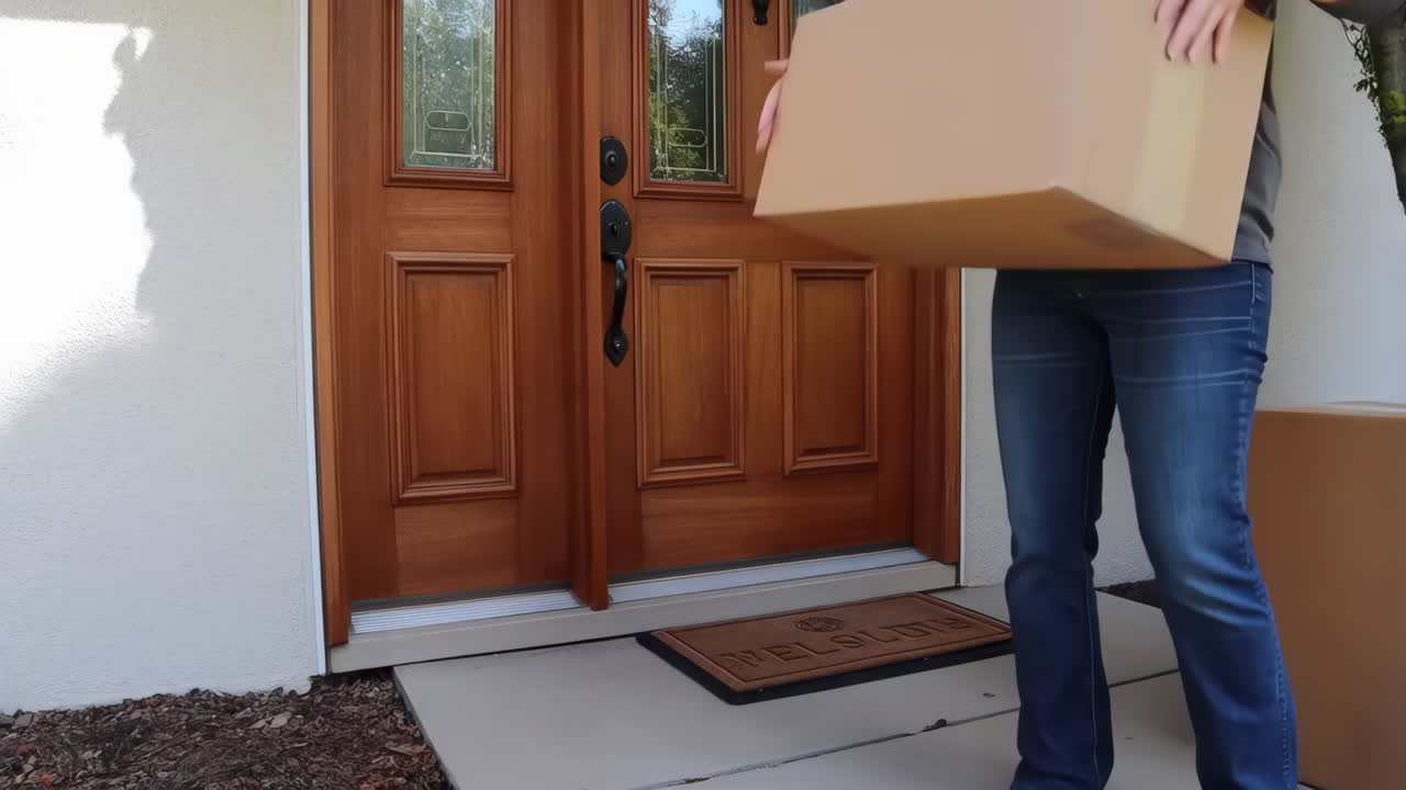 Person holding a package at a front door