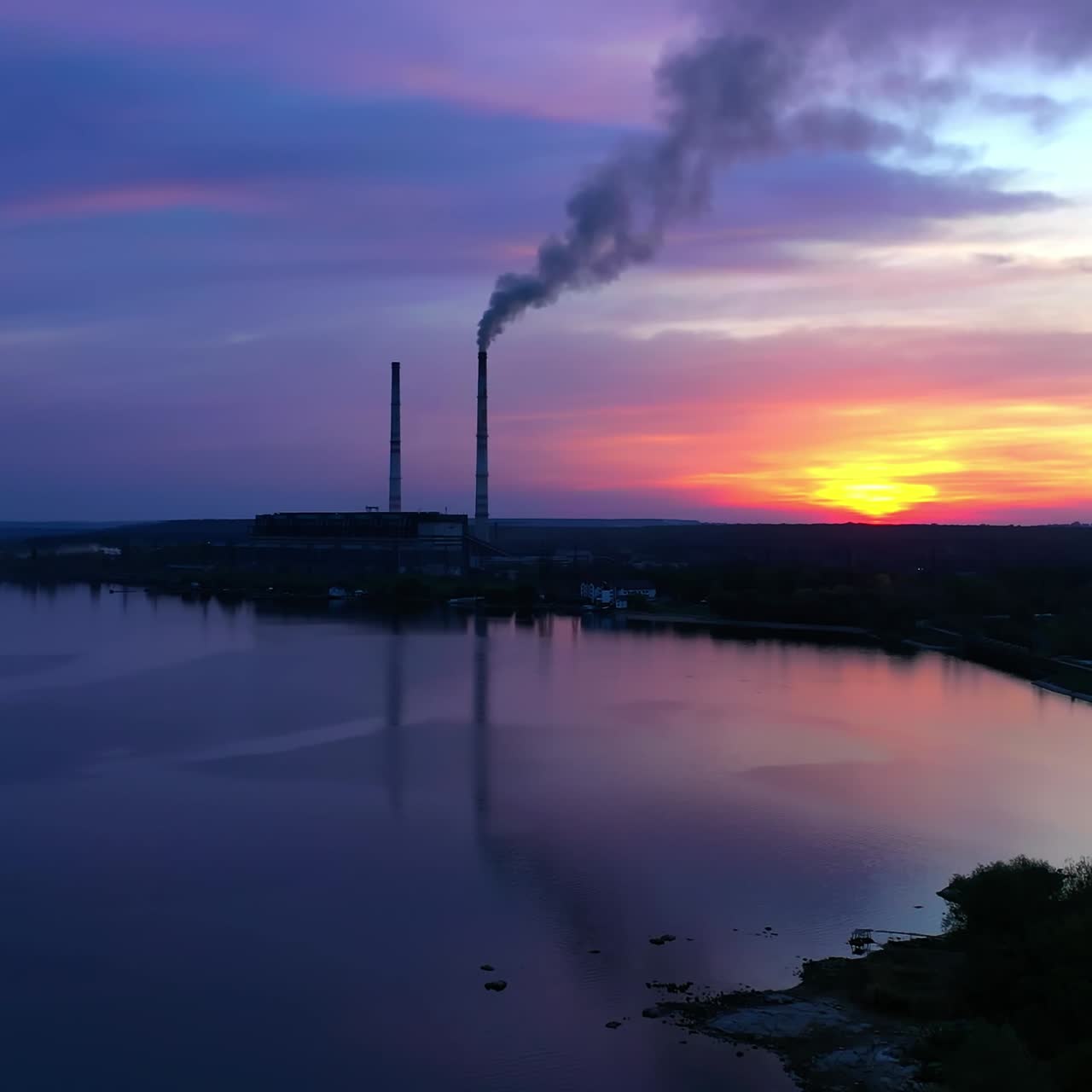 Pipes with smoke on beautiful nature background. Harmful manufacturing near the river in the evening. Blue color of water and sky near industry at sunset. Aerial view.