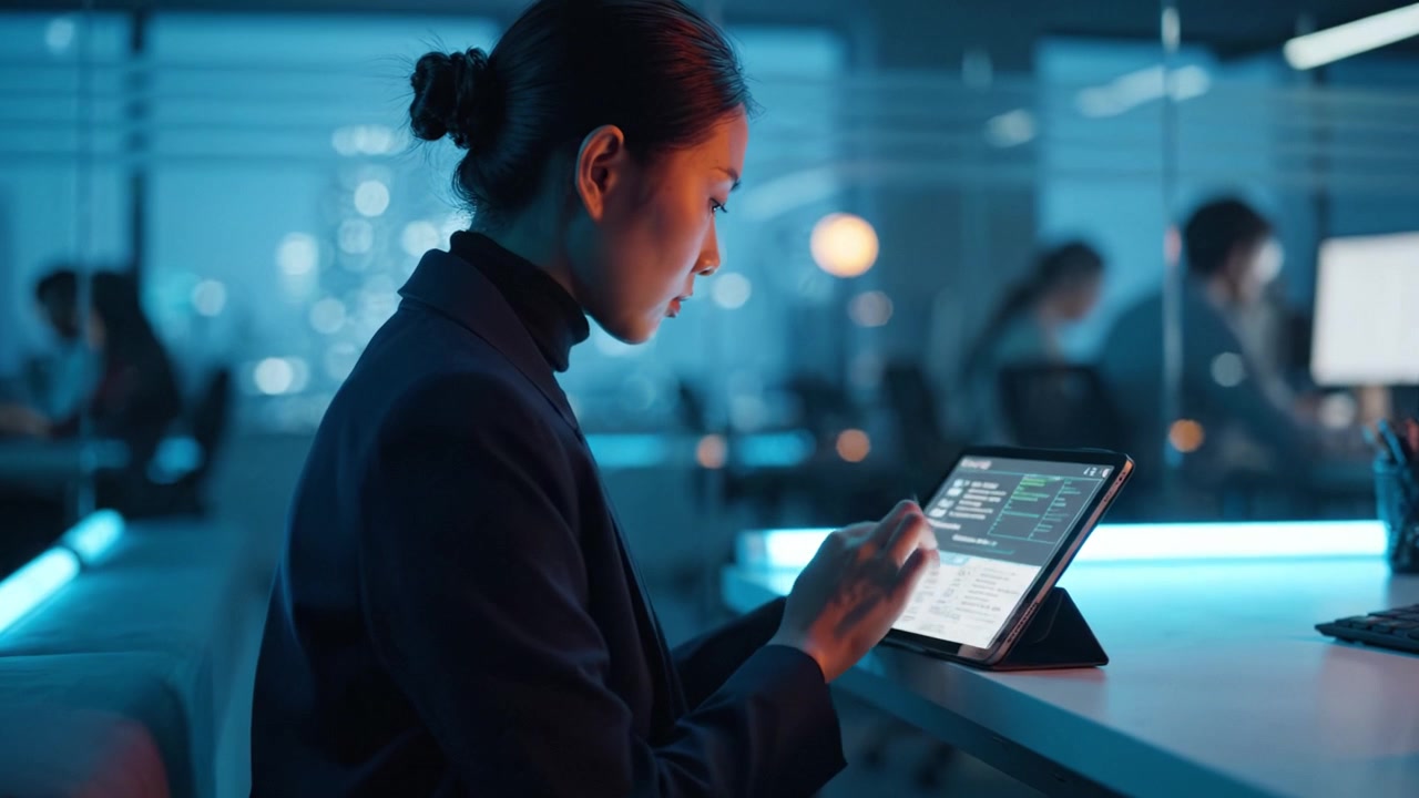 Focused Professional Analyzing Data on a Tablet in a Modern Office Environment with High-Tech Ambiance and Soft Blue Lighting