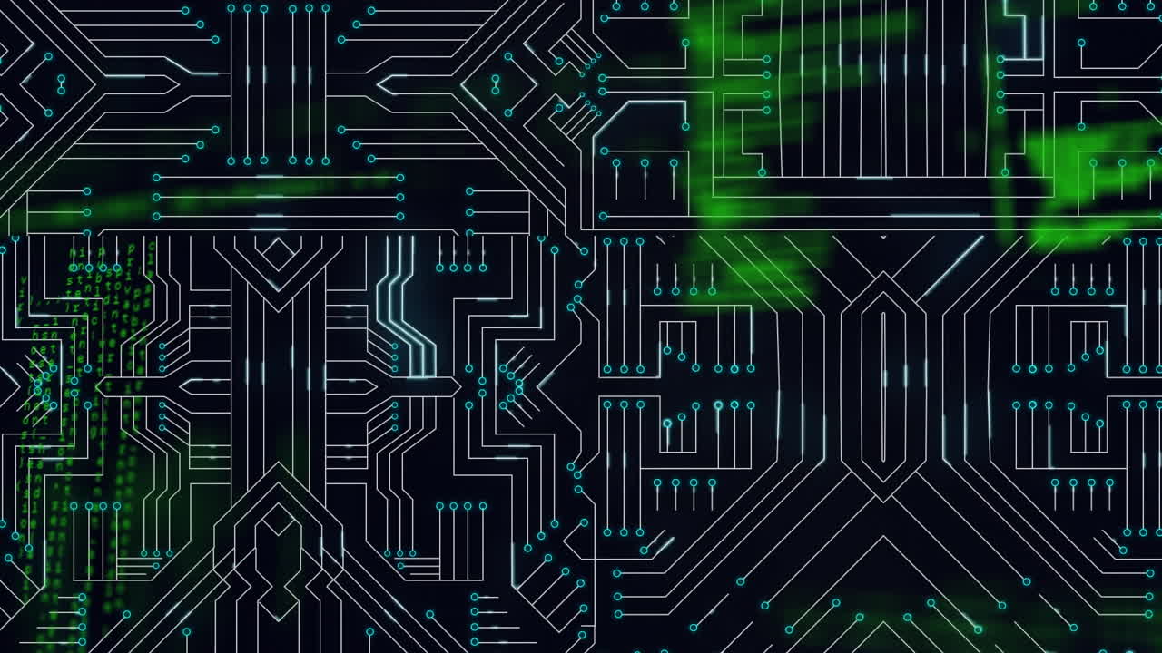 검은색 배경에 데이터 처리를 통해 컴퓨터 회로판의 애니메이션