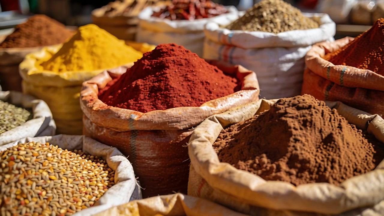 Panning camera right across market stall, highlighting open sacks of turmeric, red spice, grains