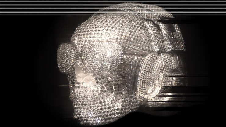 incredibile cranio ricoperto di diamanti con cuffie e occhiali da sole