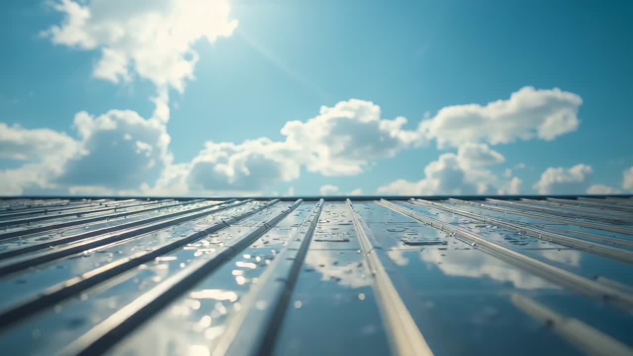 Camera moving along metal panels on roof, revealing droplets mirroring clouds under sunlit sky
