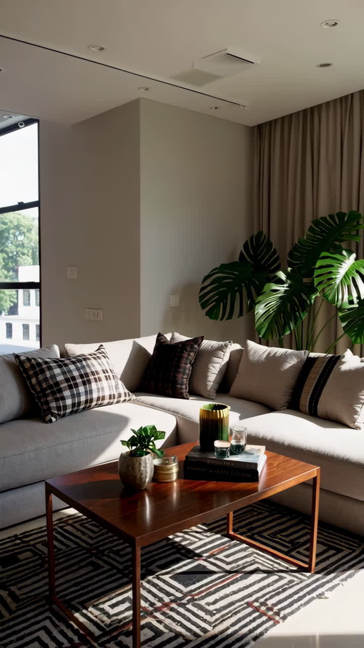 Soggiorno moderno e accogliente con divano angolare e pianta di Monstera