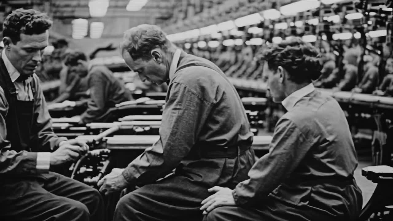 Fotogramma in bianco e nero di un video di operai che assemblano macchinari in una fabbrica