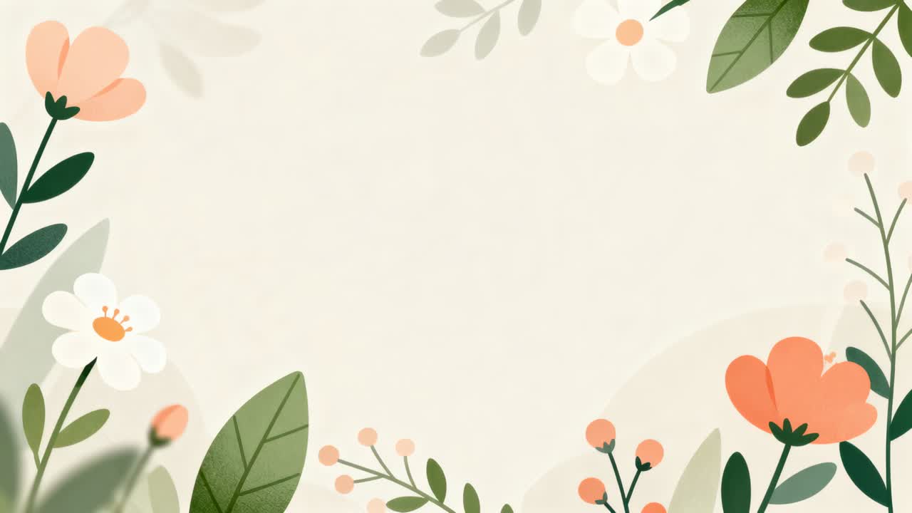 Borda floral contínua com folhas se movendo suavemente e flores cor de pêssego em tela bege, para texto central