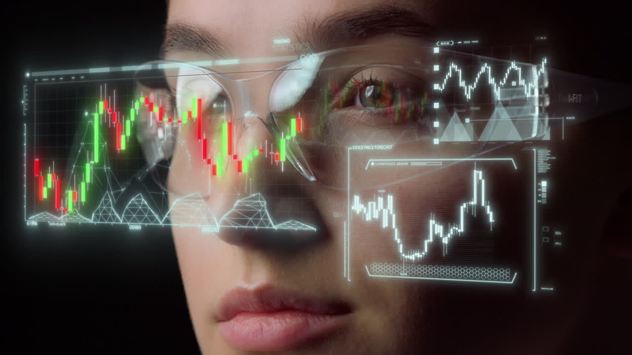 occhiali digitali proiezione grafica olografica che mostra i benefici finanziari in primo piano