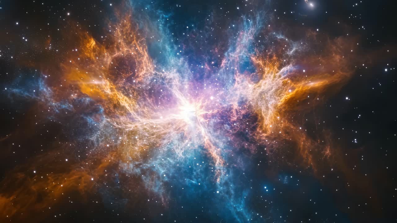 A cosmic explosion of colorful nebulae captured from a wide-angle perspective, resembling a sci-fi