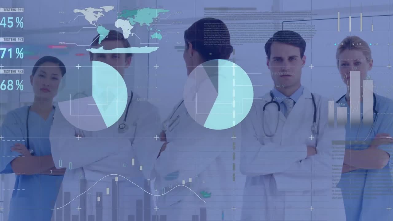 Animação de processamento de dados sobre diversos médicos e profissionais de saúde reunidos no hospital