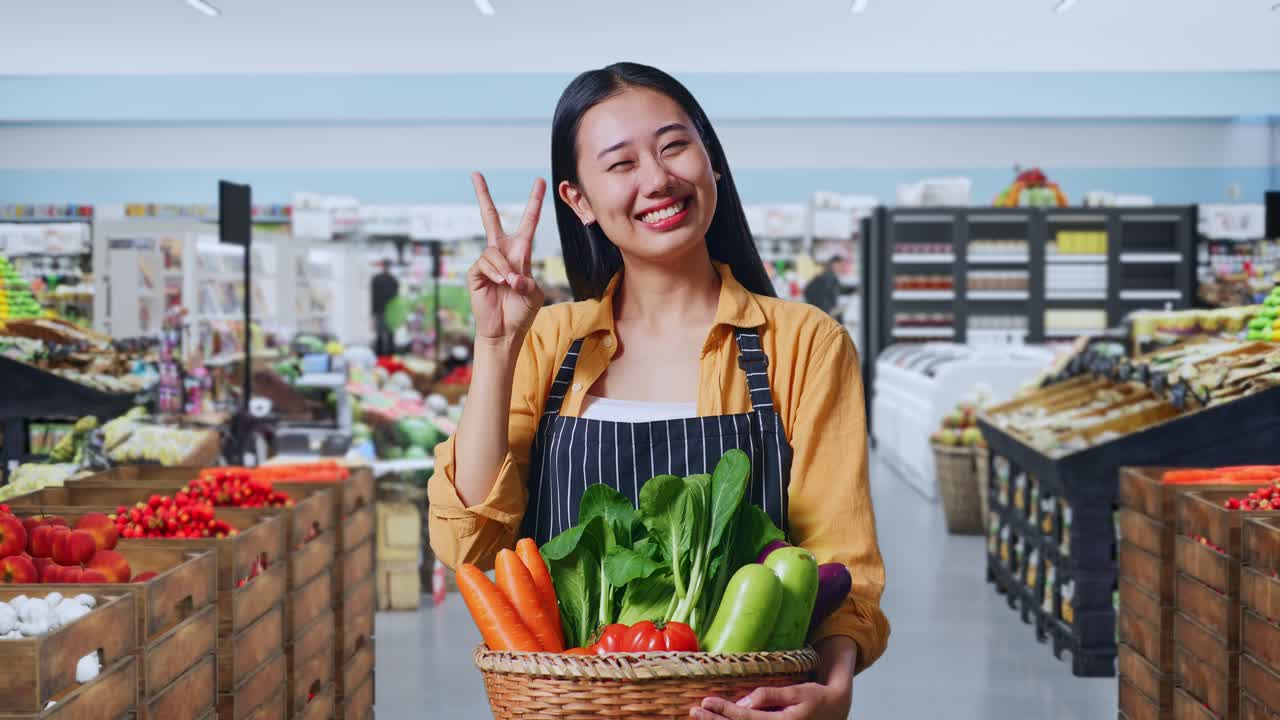 Aziatische vrouwelijke boer met een groentemand die een vredesteken maakt en glimlacht terwijl ze in een supermarkt staat